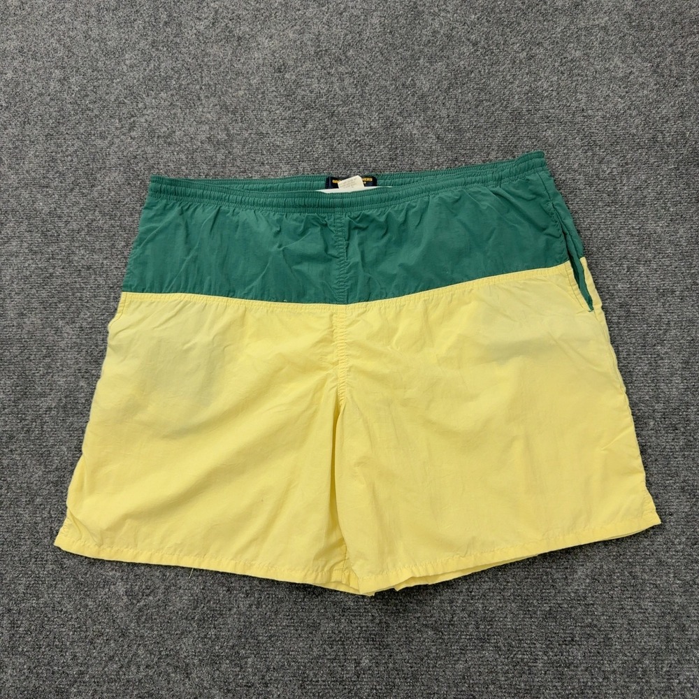 Vintage Brooks Brothers Swim Trunks Mens L Green Yellow Nylon Colorblock Preppy